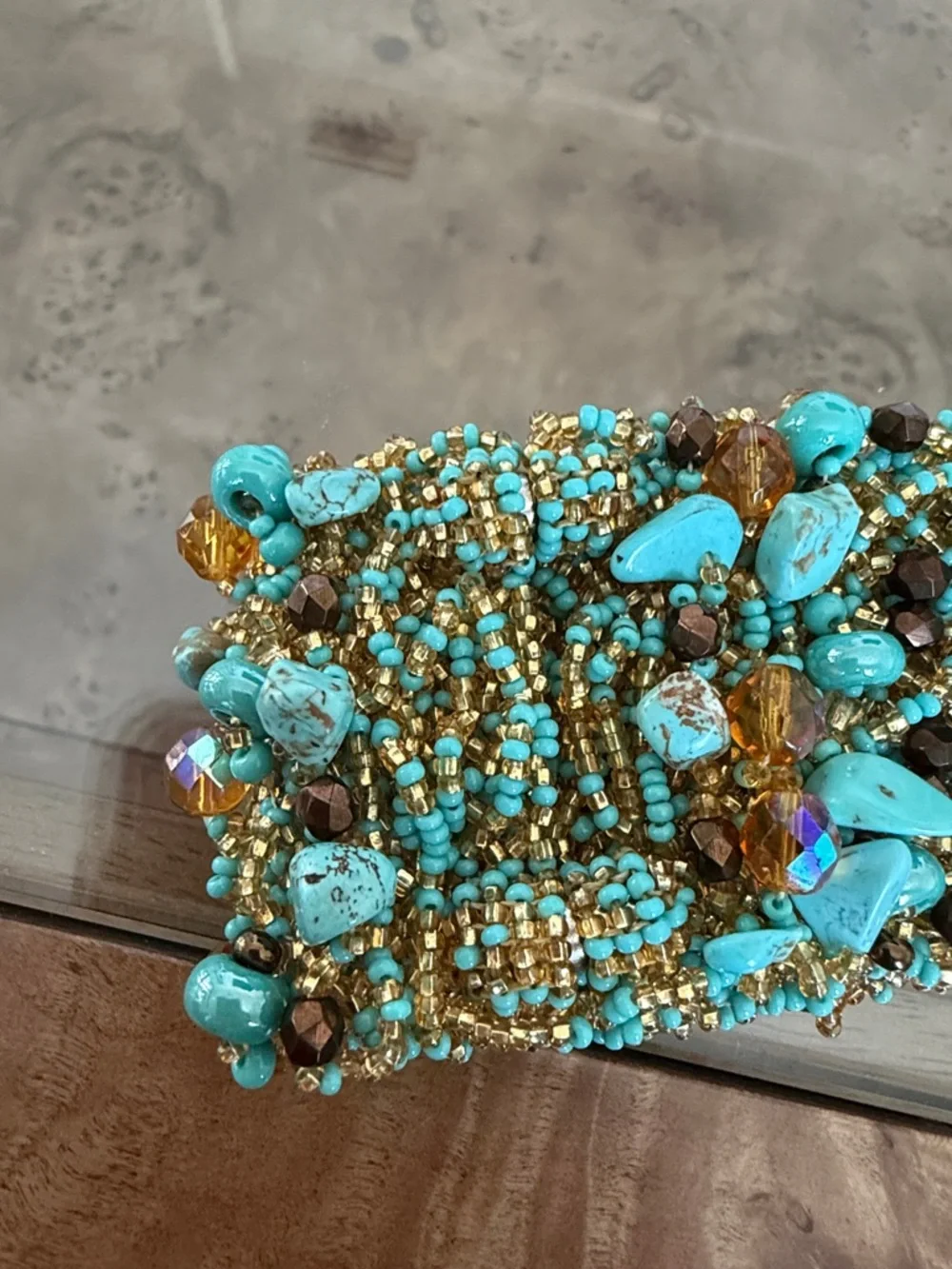 Handmade Turquoise & Gold Beaded Cuff Bracelet